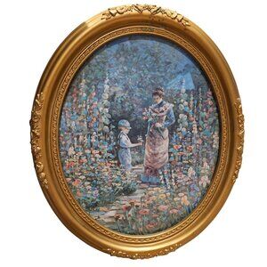 Victorian Style Oval Framed Floral Garden Scene Print With Gold Ornate Frame